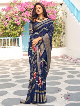 Akhilam - Women's Moonga Silk Navy Blue Printed Designer Saree with Unstitched Blouse