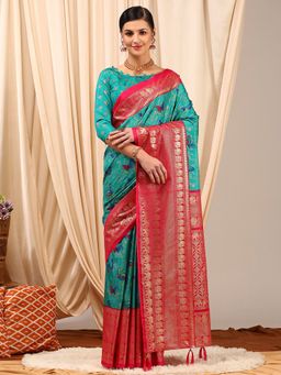 Akhilam - Women's Cotton Blend Turquoise Printed Designer Saree with Unstitched Blouse