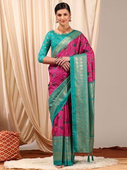 Akhilam - Women's Cotton Blend Pink Printed Designer Saree with Unstitched Blouse