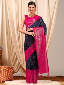 Akhilam - Women's Cotton Blend Navy Blue Printed Designer Saree with Unstitched Blouse