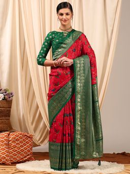 Akhilam - Women's Cotton Blend Red Printed Designer Saree with Unstitched Blouse