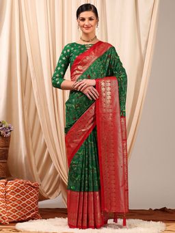 Akhilam - Women's Cotton Blend Green Printed Designer Saree with Unstitched Blouse