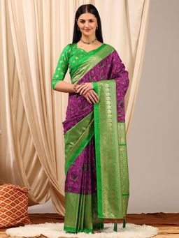 Akhilam - Women's Cotton Blend Purple Printed Designer Saree with Unstitched Blouse