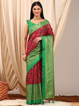 Akhilam - Women's Cotton Blend Maroon Printed Designer Saree with Unstitched Blouse