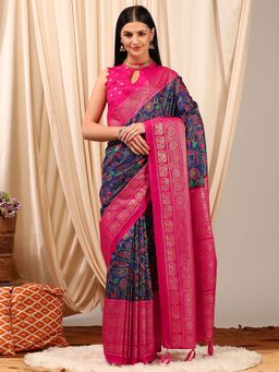 Akhilam - Women's Cotton Blend Navy Blue Printed Designer Saree with Unstitched Blouse
