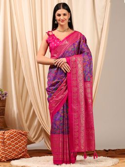 Akhilam - Women's Cotton Blend Purple Printed Designer Saree with Unstitched Blouse