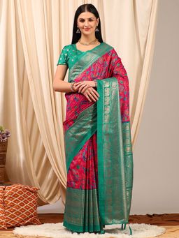Akhilam - Women's Cotton Blend Pink Printed Designer Saree with Unstitched Blouse
