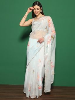 Sareemall - Women's Light Blue Organza Digital Print Designer Saree with Unstitched Blouse