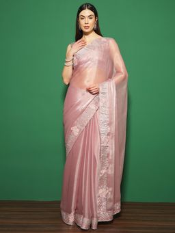 Sareemall - Women's Organza Pink Embellished Designer Saree with Unstitched Blouse