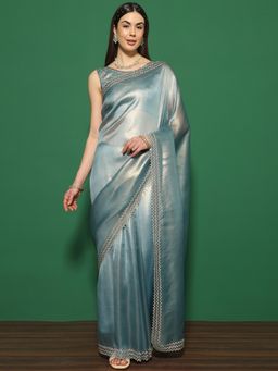 Sareemall - Women's Organza Teal Embellished Designer Saree with Unstitched Blouse
