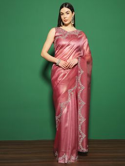 Sareemall - Women's Organza Burgundy Embellished Designer Saree with Unstitched Blouse