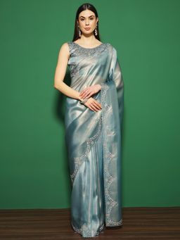 Sareemall - Women's Organza Teal Embellished Designer Saree with Unstitched Blouse