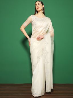 Sareemall - Women's Organza Ivory Embellished Designer Saree with Unstitched Blouse