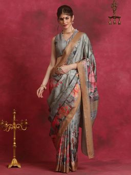 Sareemall - Women's Cotton Blend Grey Printed Designer Saree with Unstitched Blouse