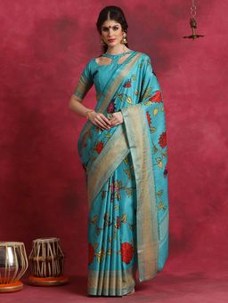 Sareemall - Women's Blue Cotton Blend Printed Designer Saree with Unstitched Blouse