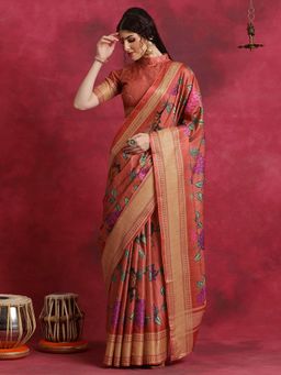 Sareemall - Women's Cotton Blend Rust Printed Designer Saree with Unstitched Blouse