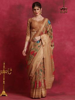 Sareemall - Women's Cotton Blend Brown Printed Designer Saree with Unstitched Blouse