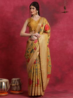 Sareemall - Women's Cotton Blend Mustard Printed Designer Saree with Unstitched Blouse