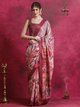 Sareemall - Women's Cotton Blend Maroon Printed Designer Saree with Unstitched Blouse