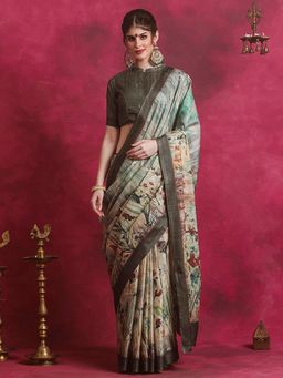 Sareemall - Women's Cotton Blend Green Printed Designer Saree with Unstitched Blouse