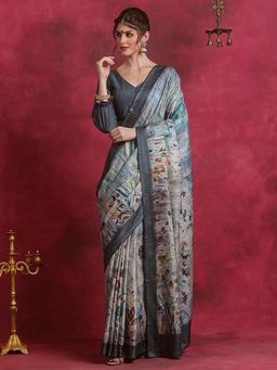 Sareemall - Women's Cotton Blend Grey Printed Designer Saree with Unstitched Blouse