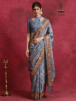 Sareemall - Women's Cotton Blend Grey Printed Designer Saree with Unstitched Blouse