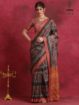 Sareemall - Women's Cotton Blend Brown Printed Designer Saree with Unstitched Blouse
