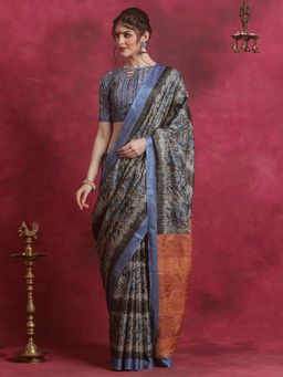 Sareemall - Women's Cotton Blend Grey Printed Designer Saree with Unstitched Blouse