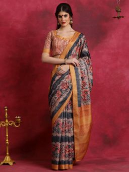 Sareemall - Women's Cotton Blend Black Printed Designer Saree with Unstitched Blouse