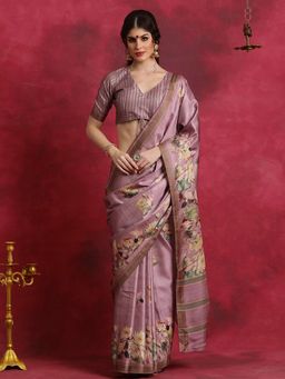 Sareemall - Women's Cotton Blend Mauve Printed Designer Saree with Unstitched Blouse