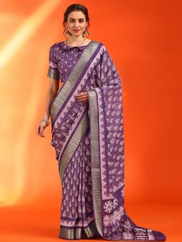 Sareemall - Women's Cotton Silk Purple Printed Designer Saree with Unstitched Blouse