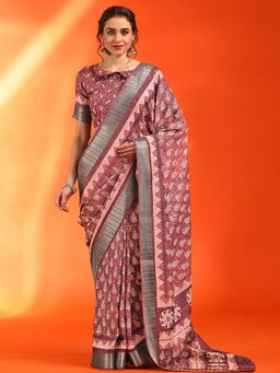 Sareemall - Women's Cotton Silk Brown Printed Designer Saree with Unstitched Blouse