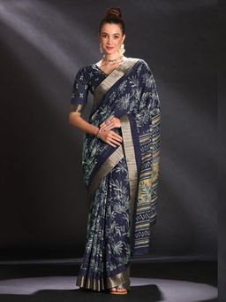 Sareemall - Women's Silk Blend Navy Blue Printed Designer Saree with Unstitched Blouse
