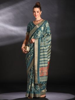 Sareemall - Women's Silk Blend Teal Printed Designer Saree with Unstitched Blouse