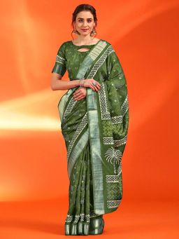 Sareemall - Women's Cotton Silk Green Printed Designer Saree with Unstitched Blouse