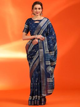 Sareemall - Women's Cotton Silk Navy Blue Printed Designer Saree with Unstitched Blouse