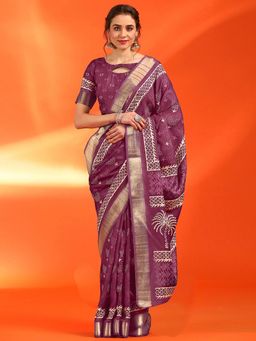 Sareemall - Women's Cotton Silk Wine Printed Designer Saree with Unstitched Blouse