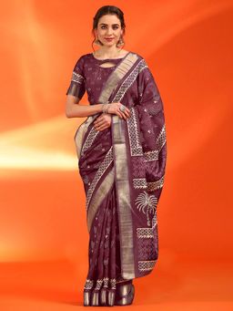 Sareemall - Women's Cotton Silk Burgundy Printed Designer Saree with Unstitched Blouse