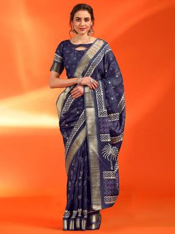 Sareemall - Women's Blue Cotton Silk Printed Designer Saree with Unstitched Blouse