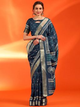 Sareemall - Women's Cotton Silk Teal Printed Designer Saree with Unstitched Blouse