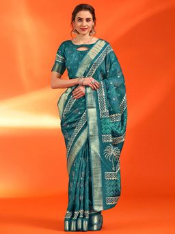 Sareemall - Women's Cotton Silk Green Printed Designer Saree with Unstitched Blouse