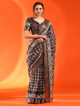 Sareemall - Women's Silk Blend Brown Printed Designer Saree with Unstitched Blouse