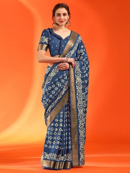 Sareemall - Women's Blue Silk Blend Printed Designer Saree with Unstitched Blouse