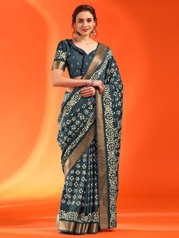 Sareemall - Women's Silk Blend Teal Blue Printed Designer Saree with Unstitched Blouse