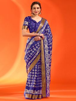 Sareemall - Women's Silk Blend Blue Printed Designer Saree with Unstitched Blouse