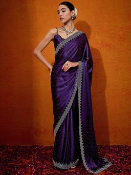 Akhilam - Women's Satin Silk Purple Embellished Designer Saree with Unstitched Blouse