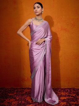 Akhilam - Women's Satin Silk Mauve Embellished Designer Saree with Unstitched Blouse