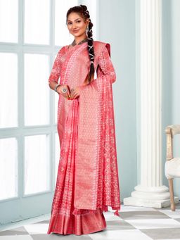 Akhilam - Women's Jute Silk Pink Printed Designer Saree with Unstitched Blouse