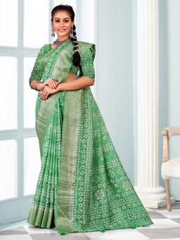 Akhilam - Women's Jute Silk Green Printed Designer Saree with Unstitched Blouse