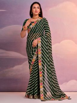 Akhilam - Women's Georgette Green Printed Designer Saree with Unstitched Blouse